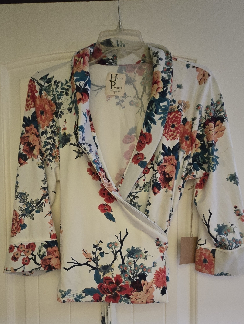 NWT Haute Project Floral Wrap Blouse in Cream with Coral & Teal Flowers